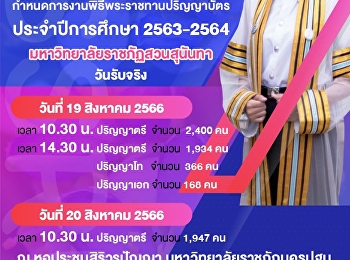 ประกาศกำหนดการงานพิธีพระราชทานปริญญาบัตร
ประจำปีการศึกษา 2563-2564
มหาวิทยาลัยราชภัฏสวนสุนันทา  วันที่
19-20 สิงหาคม 2566  ณ
หอประชุมสิริวรปัญญา
มหาวิทยาลัยราชภัฏนครปฐม