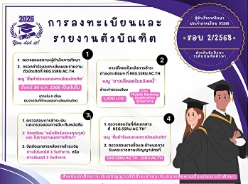 ประกาศ
????????การลงทะเบียนและรายงานตัวบัณฑิต
เพื่อรับเอกสารสำคัญทางการศึกษา
ประจำปีการศึกษา 2568 รอบที่ 2/2568
สำหรับนักศึกษาระดับบัณฑิตศึกษา
ตั้งแต่วันที่ 30 ตุลาคม 2568 เป็นต้นไป
ที่ reg.ssru.ac.th