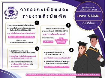 ประกาศการลงทะเบียนและรายงานตัวบัณฑิต
เพื่อรับเอกสารสำคัญทางการศึกษา
ประจำปีการศึกษา 2568 รอบที่ 8/2568
สำหรับนักศึกษาระดับบัณฑิตศึกษา